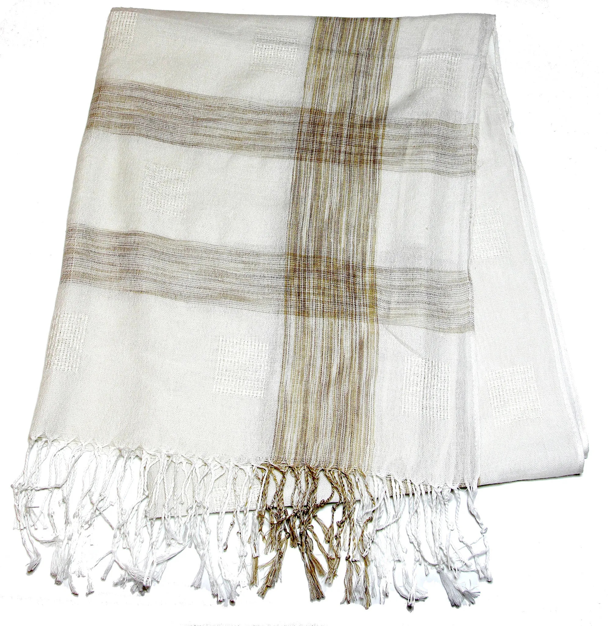 Fair Trade Hand Made Nepal Pashmina Scarf Shawl Plaid Brown White