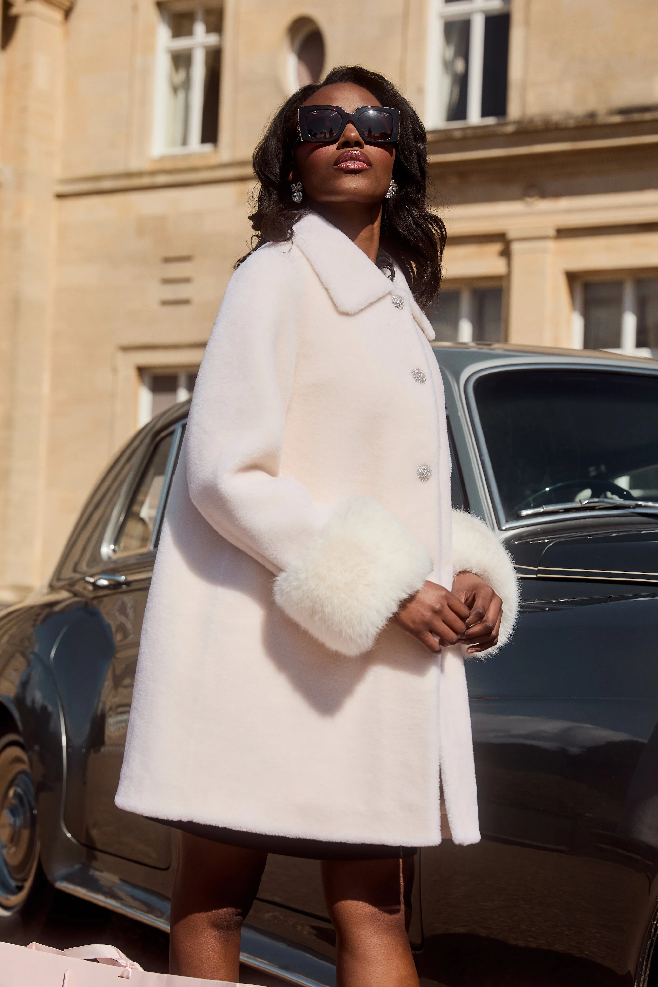 'Fairytale' Wool and Faux Fur Teddy Coat in Bianco