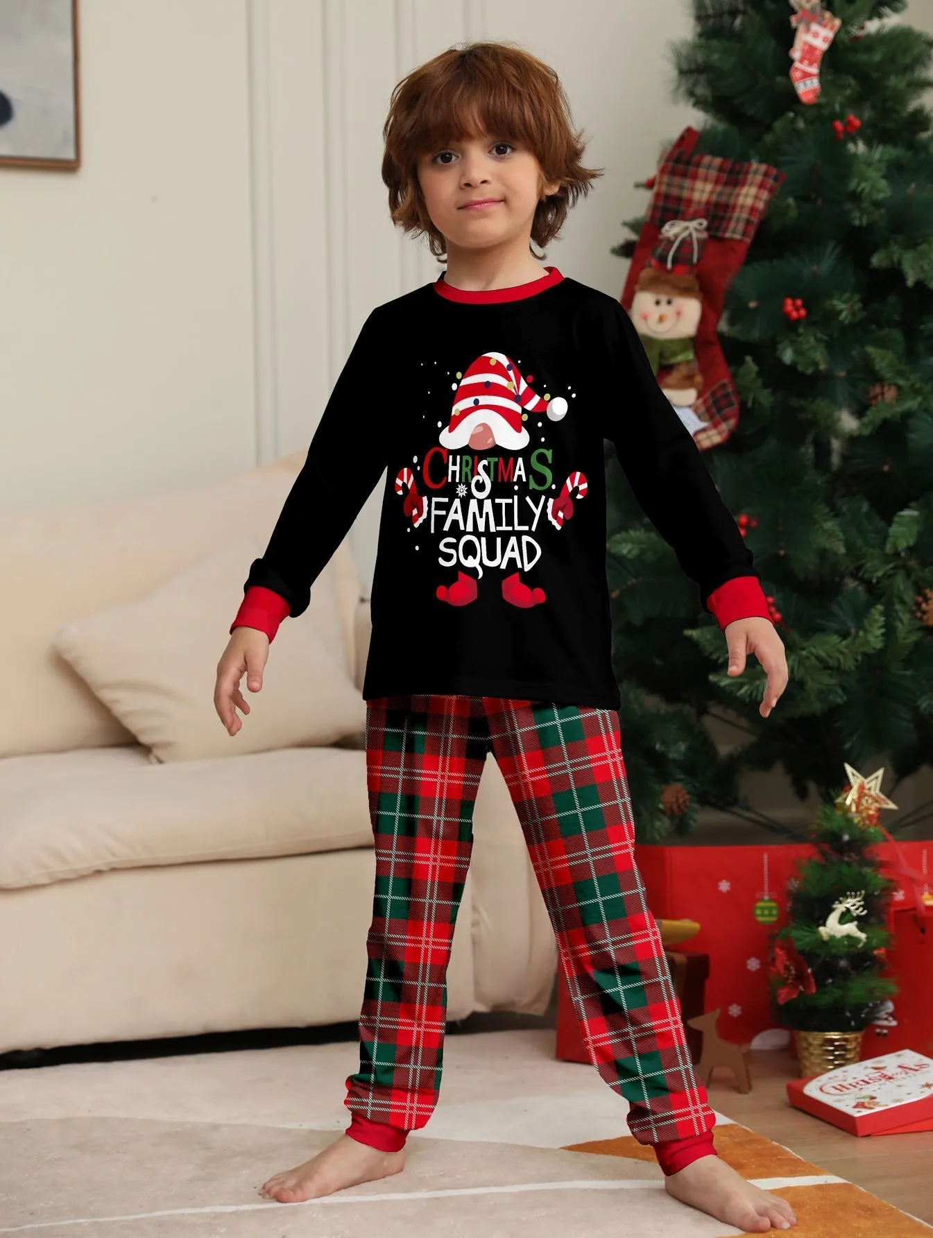 Family Parent-Child Christmas Cake Hat Plaid Pajamas Set