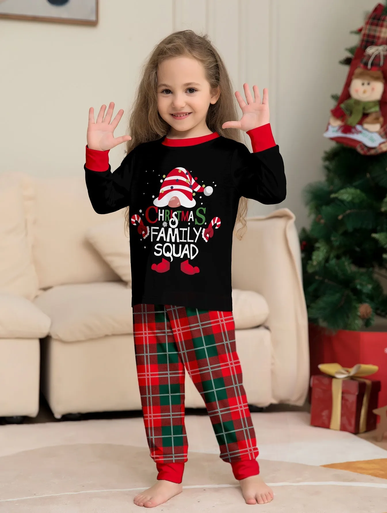 Family Parent-Child Christmas Cake Hat Plaid Pajamas Set