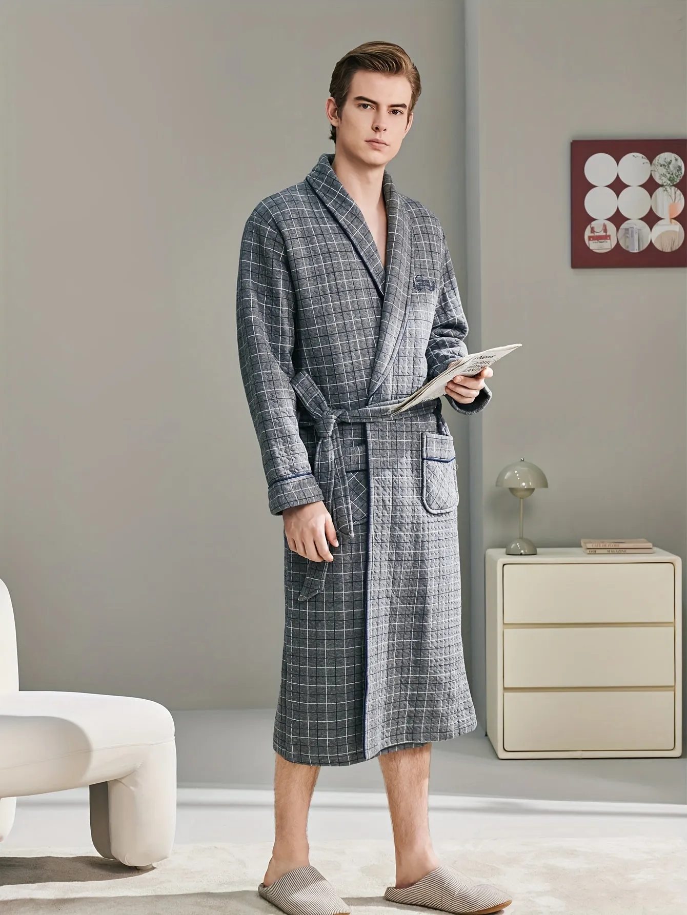 FARO Men's Winter Sleepwear Set: Cozy Cotton V-Neck Bathrobe with Letter Embroidery and Long Sleeves