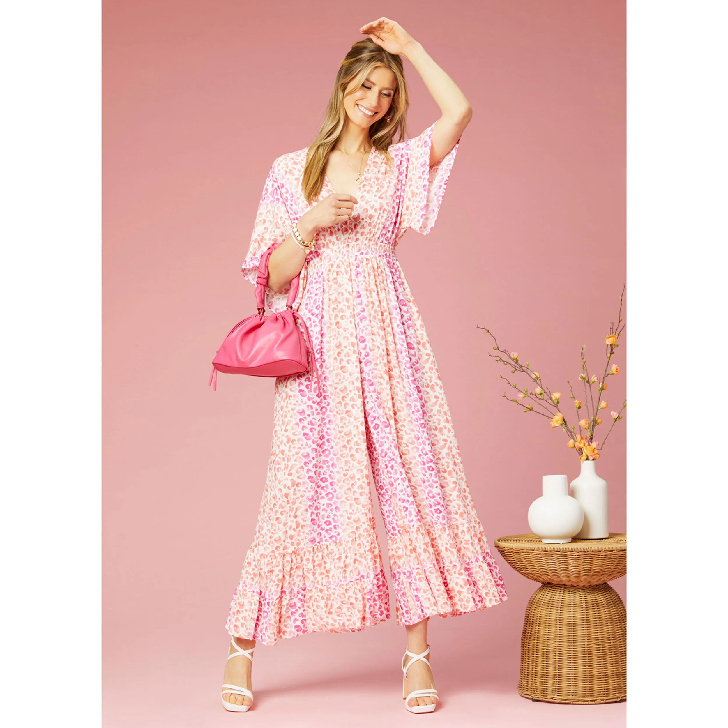 Farrah Flutter Jumpsuit - Pink/Orange Animal - Final Sale