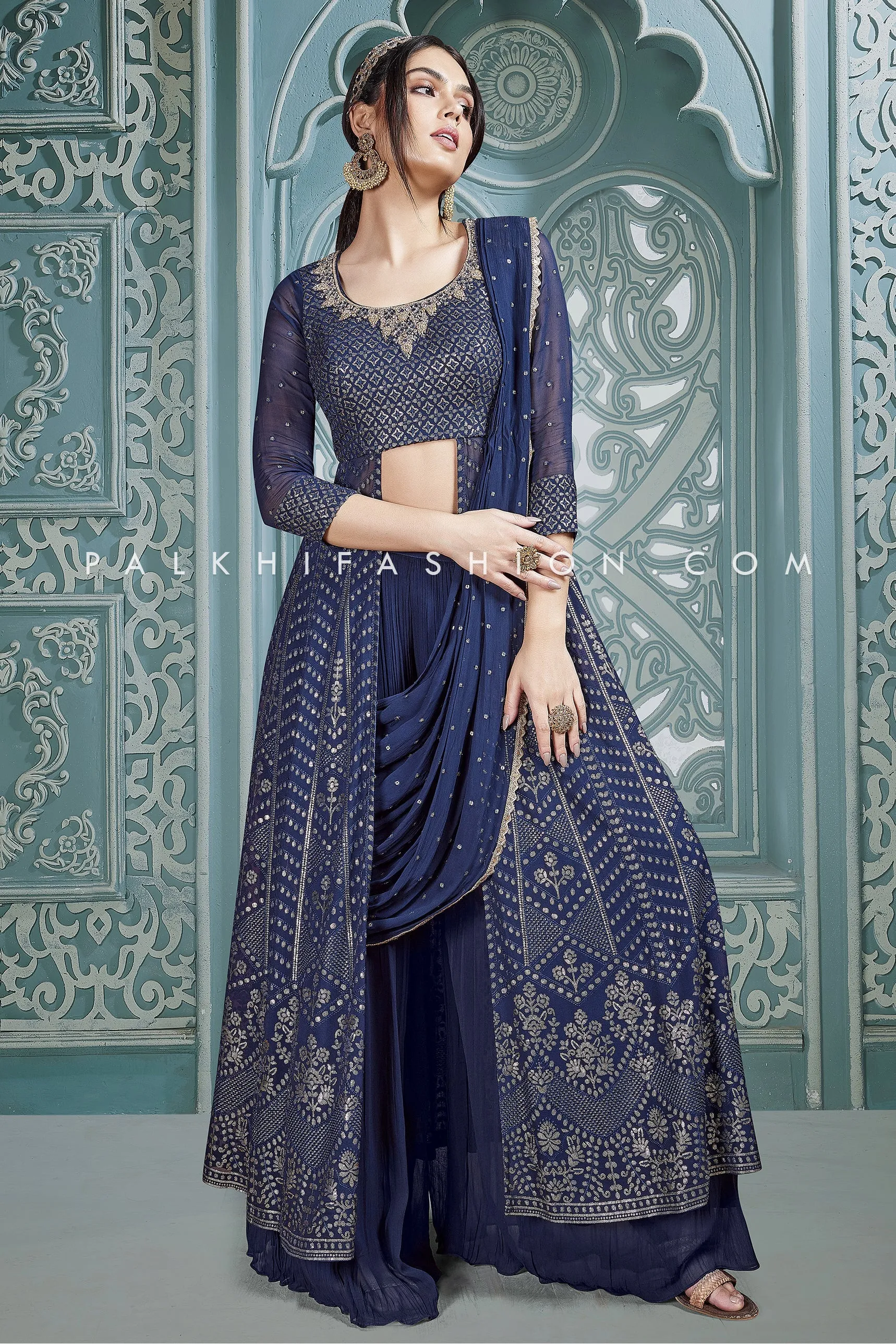 Fascinating Petrol Blue Designer Palazzo Outfit