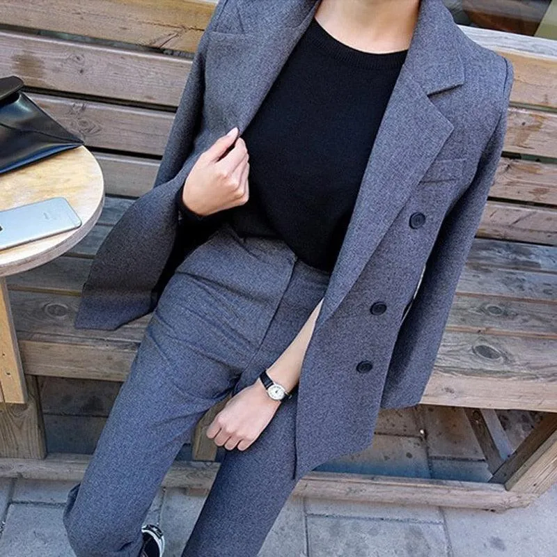 Fashion Business Pant Suits Formal Double Breasted Jacket and Long Pant Black Blazer Set Women OL  Two Pieces Suits