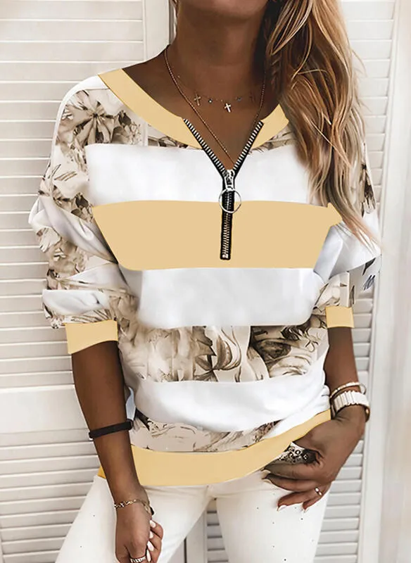 Fashion casual color printing V-neck street hipster pullover loose long-sleeved top