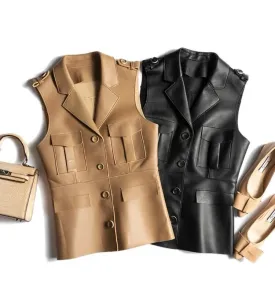 Fashion Genuine Leather Sheepskin Sleeveless Jacket Women Female Slim Suit Collar Pockets