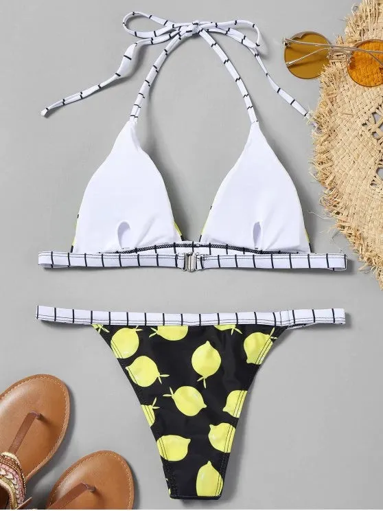 Fashion Lemon Print String Bikini Set