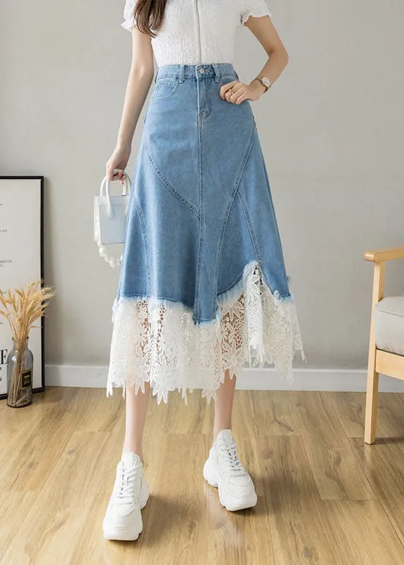 Fashion Light Blue Asymmetrical Design Lace Patchwork Denim Skirt Spring