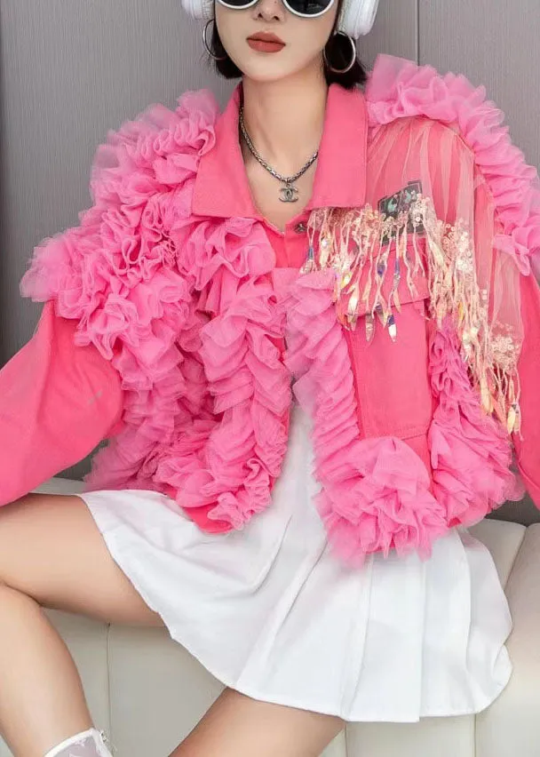 Fashion Pink Tulle Ruffled Tasseled Patchwork Denim Jackets Spring LY3984