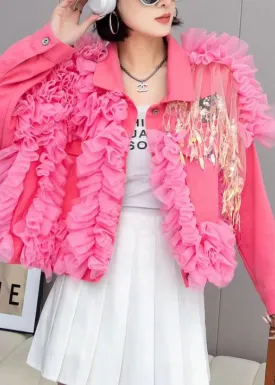 Fashion Pink Tulle Ruffled Tasseled Patchwork Denim Jackets Spring LY3984