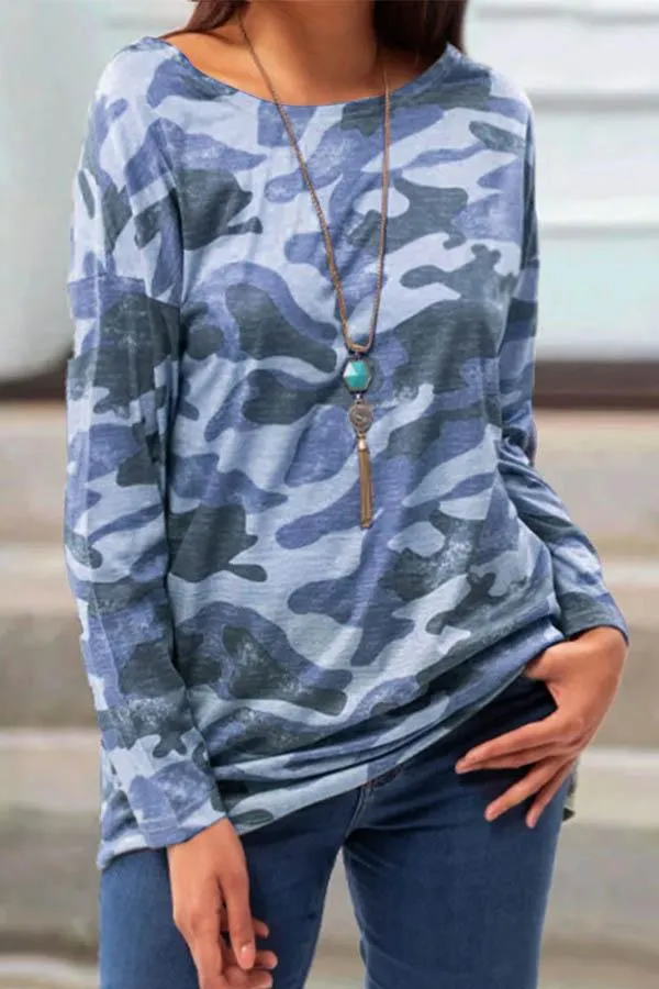 Fashion round neck casual camouflage print long sleeve T-shirt