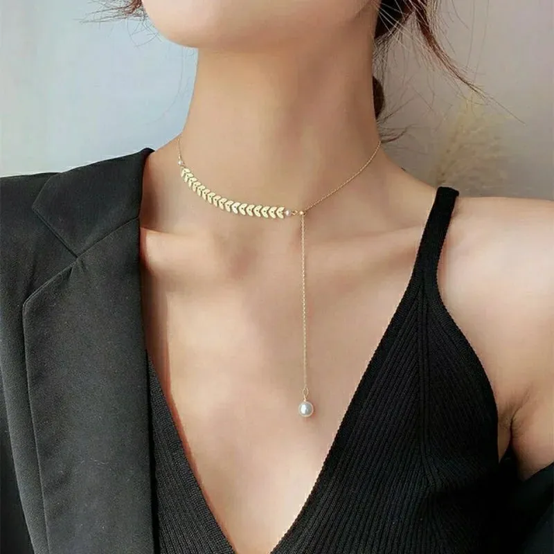 Fashion Simple Gold Color Pearl Necklaces for Women Long Tassel Pull Design Clavicle Chains Necklace Jewelry Collares