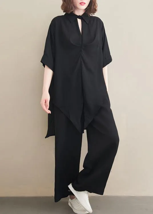 Fashion Suit Spring Loose Black Chiffon Shirt Quarter Wide Leg Pants