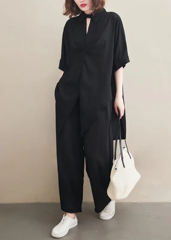 Fashion Suit Spring Loose Black Chiffon Shirt Quarter Wide Leg Pants