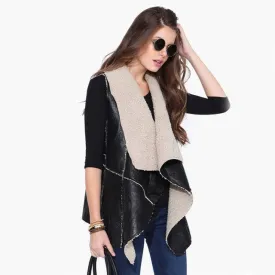 Fashion Women Warm Faux Fur Collar Long Leather Waistcoat Coat Outerwear Vest Casual Jacket