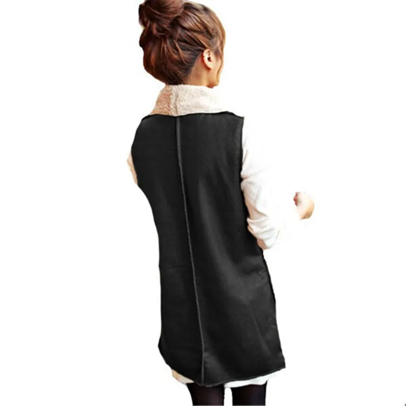 Fashion Women Warm Faux Fur Collar Long Leather Waistcoat Coat Outerwear Vest Casual Jacket