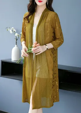 Fashion Yellow Print Patchwork Maxi Ice Size Chiffon Cardigans Long Sleeve