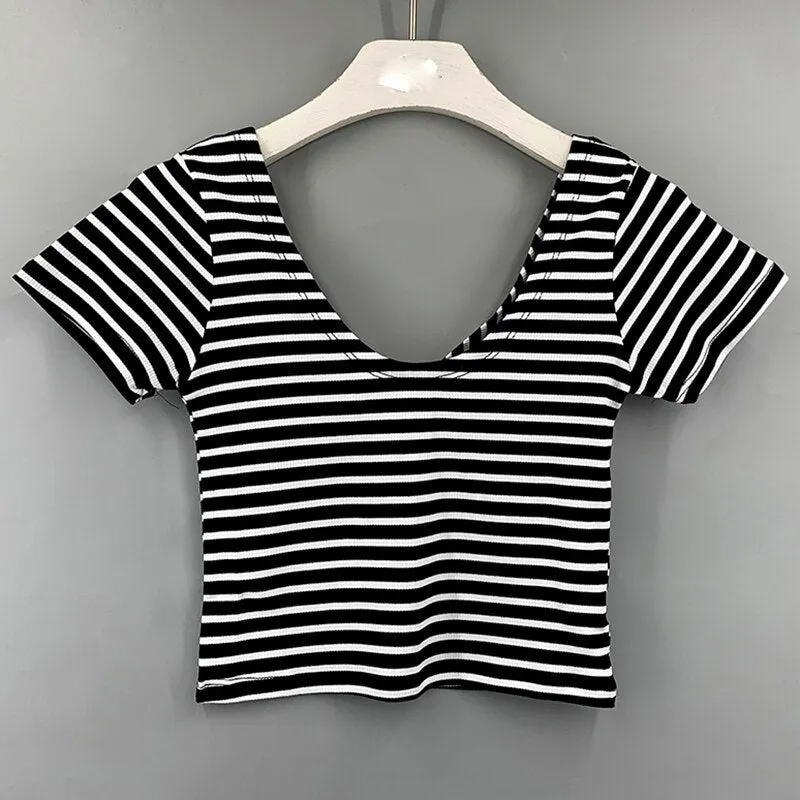 Fashionkova  Striped Crop Top T Shirt Women Short Sleeve Sexy Backless Tshirt Slim Womens Clothes 2022 Summer Tops Cotton Tee Shirt Camisetas