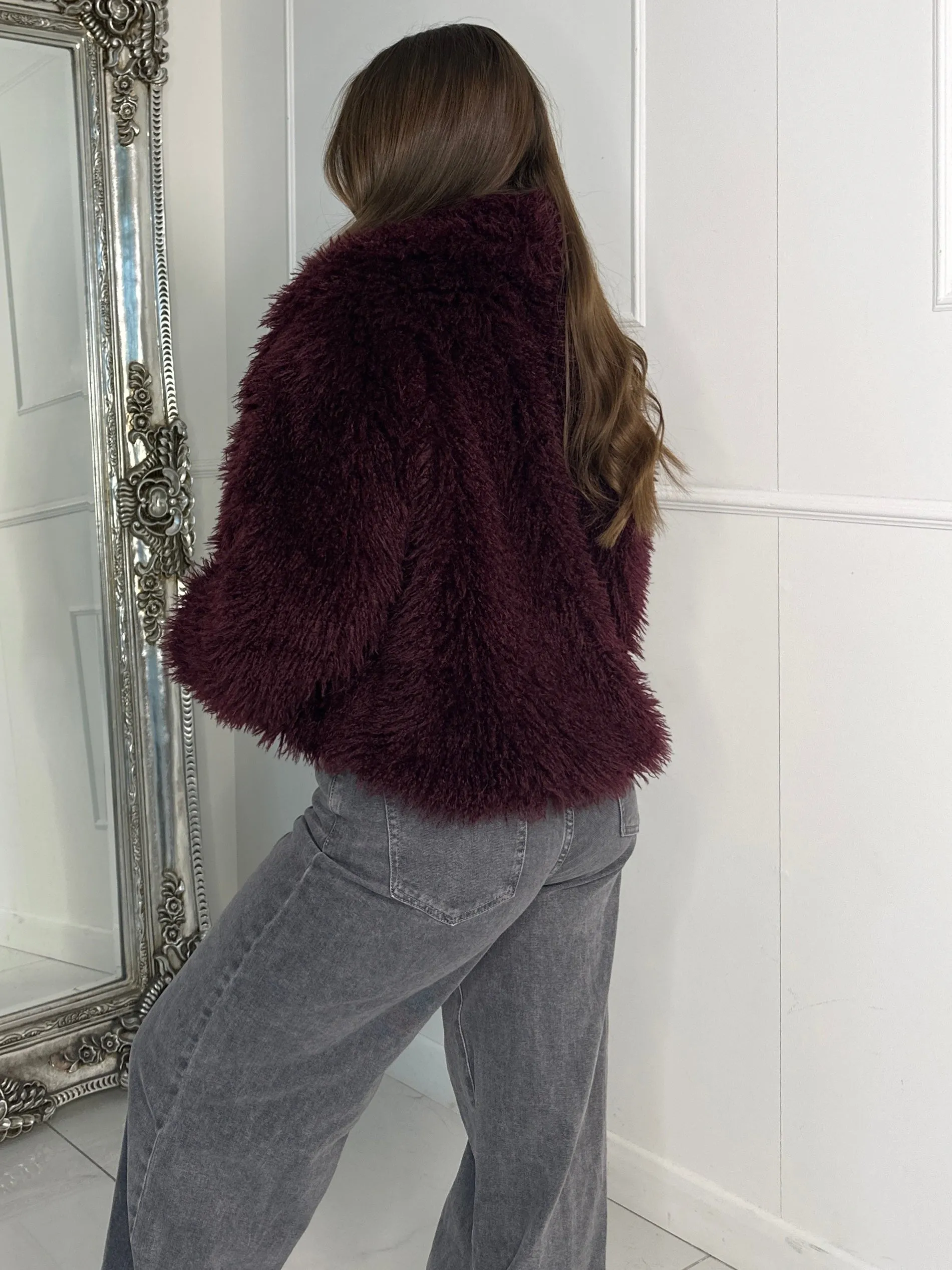 Faux Fur Collar Detail Oversized Jacket - Wine