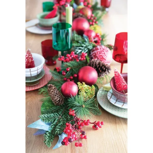 Faux Pine Garland with Red Plastic Ball Ornaments, Pinecones and Berries