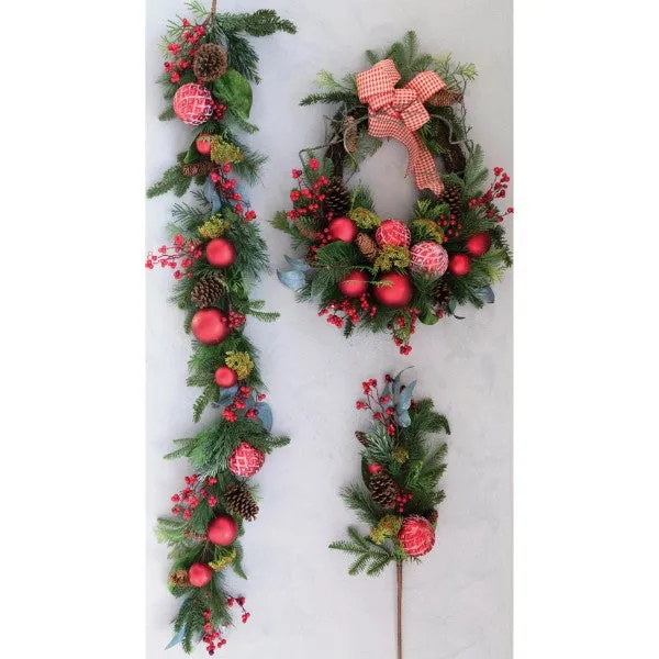 Faux Pine Garland with Red Plastic Ball Ornaments, Pinecones and Berries