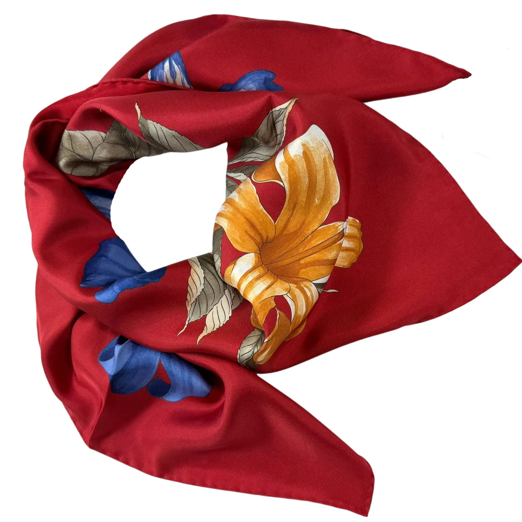 Ferragamo Scarf Red Hibiscus Floral Print - Twill Silk Foulard - New Collection