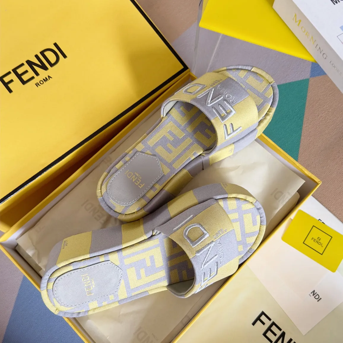 FF Sunshine 65 Yellow Grey Canvas Flatform Slide