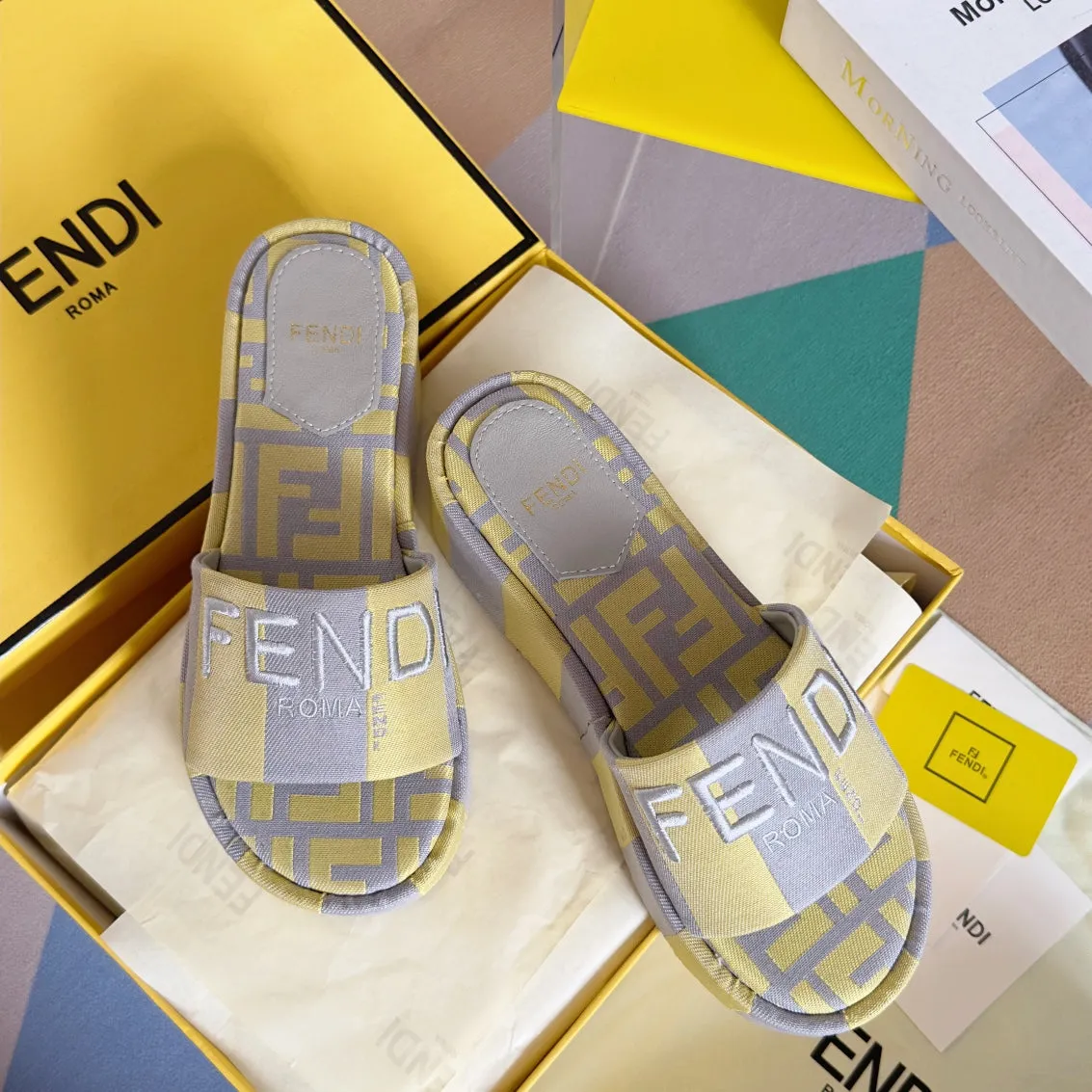 FF Sunshine 65 Yellow Grey Canvas Flatform Slide