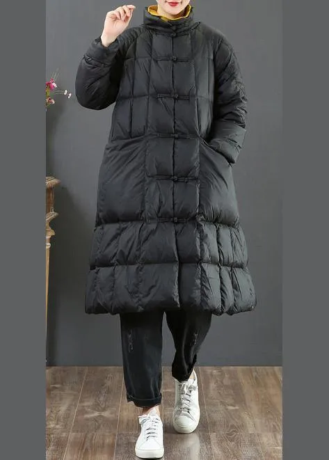 fine  Loose fitting long coat winter jacket black stand collar Chinese Button woolen outwear