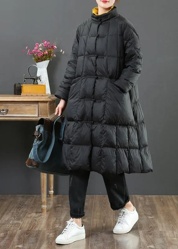 fine  Loose fitting long coat winter jacket black stand collar Chinese Button woolen outwear