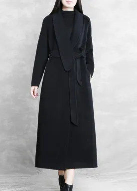 Fine Loose fitting maxi coat woolen outwear black tie waist pockets overcoat