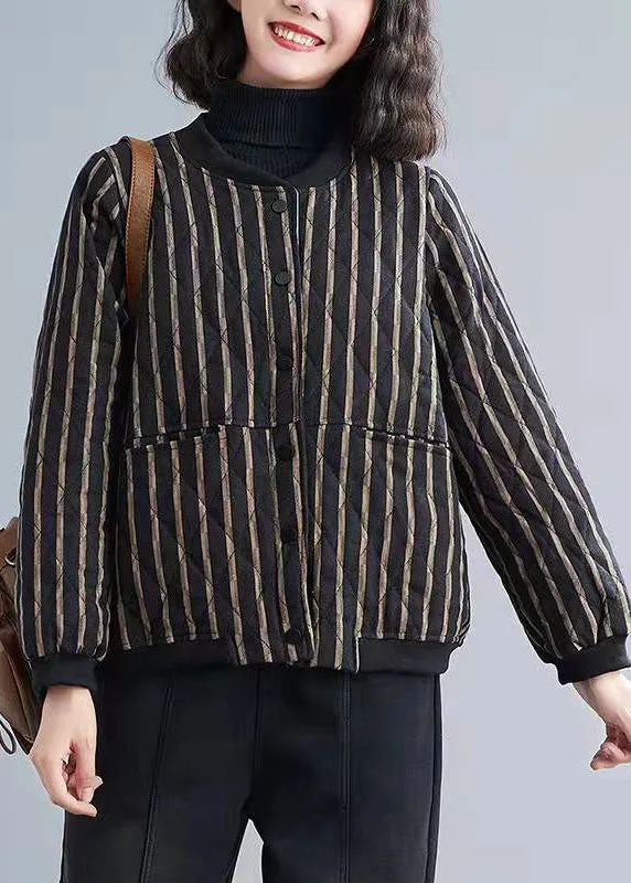 Fine Striped Zippered Pockets Winter Cotton Coats Long sleeve