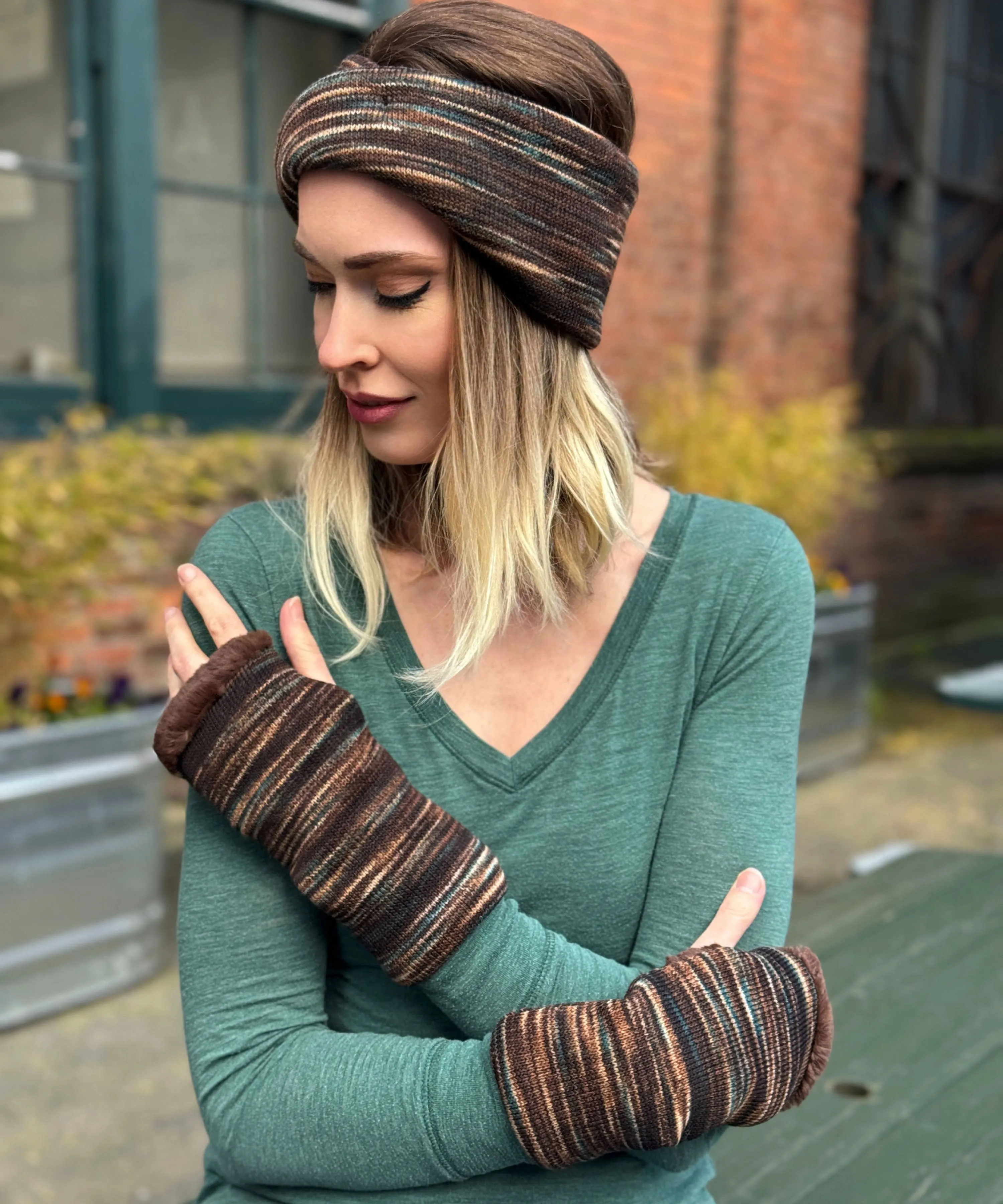 Fingerless Gloves in Mid-Length - Sweet Stripes Knits in English Toffee with Assorted Faux Fur