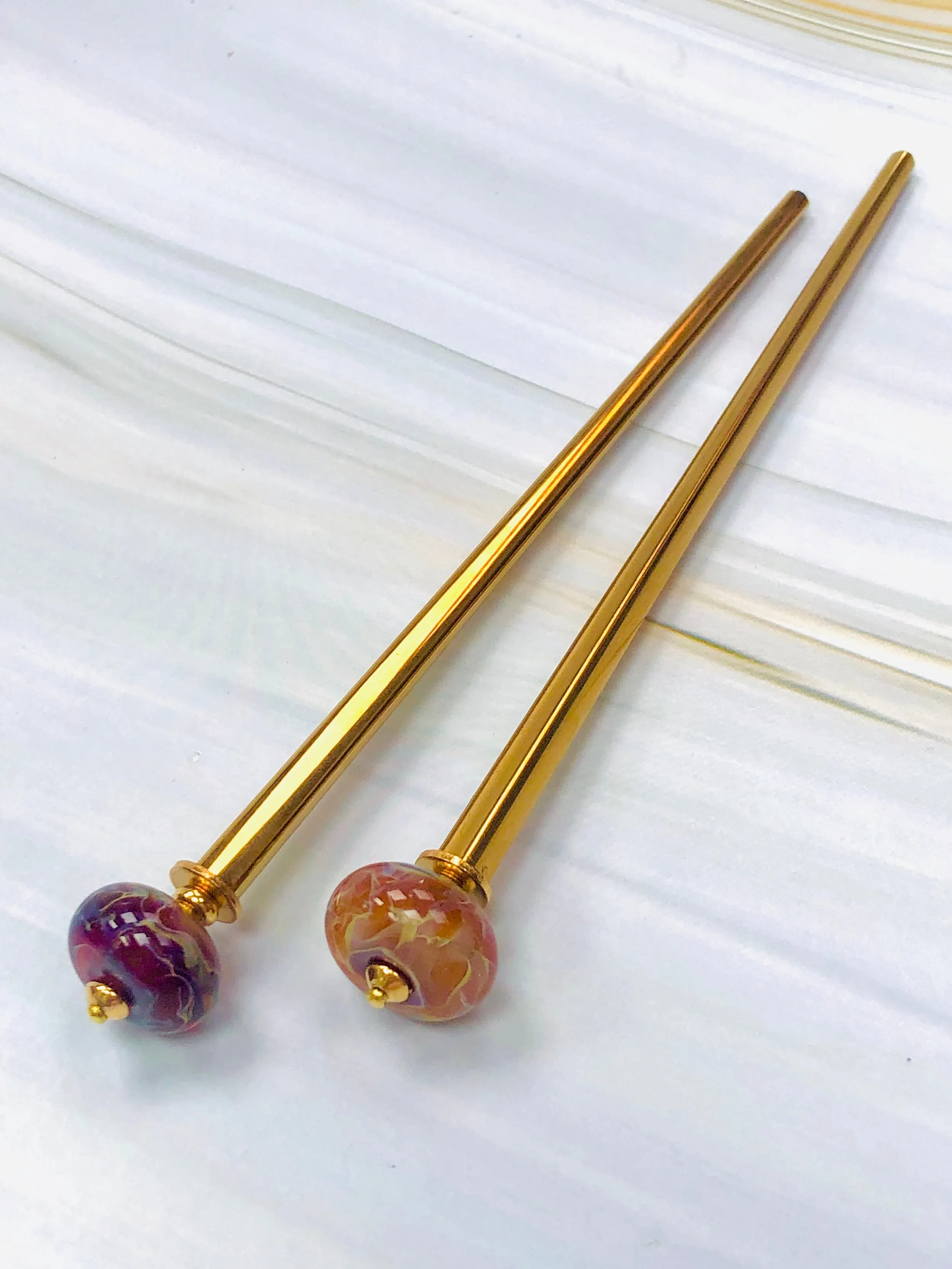 Fire Woman Gold Boro Glass Art Hair Sticks, hand made glass hair sticks, boro shawl pin, sweater pins,