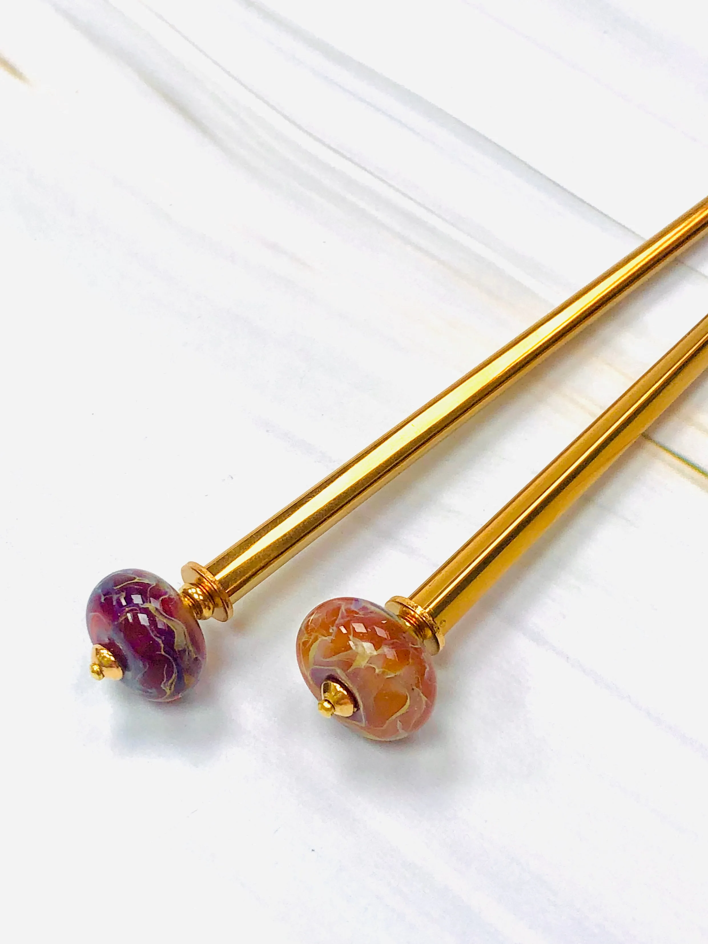 Fire Woman Gold Boro Glass Art Hair Sticks, hand made glass hair sticks, boro shawl pin, sweater pins,