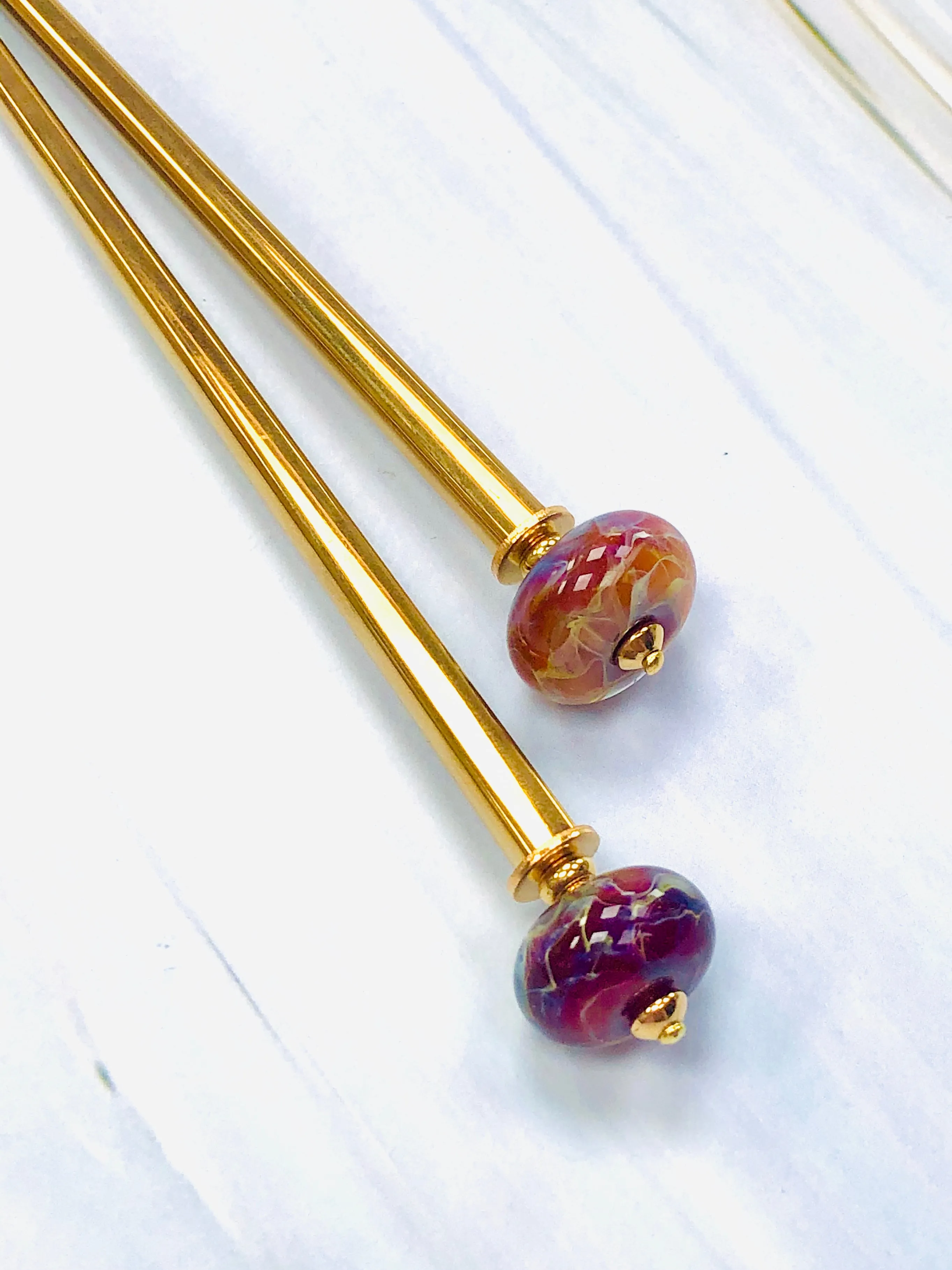 Fire Woman Gold Boro Glass Art Hair Sticks, hand made glass hair sticks, boro shawl pin, sweater pins,