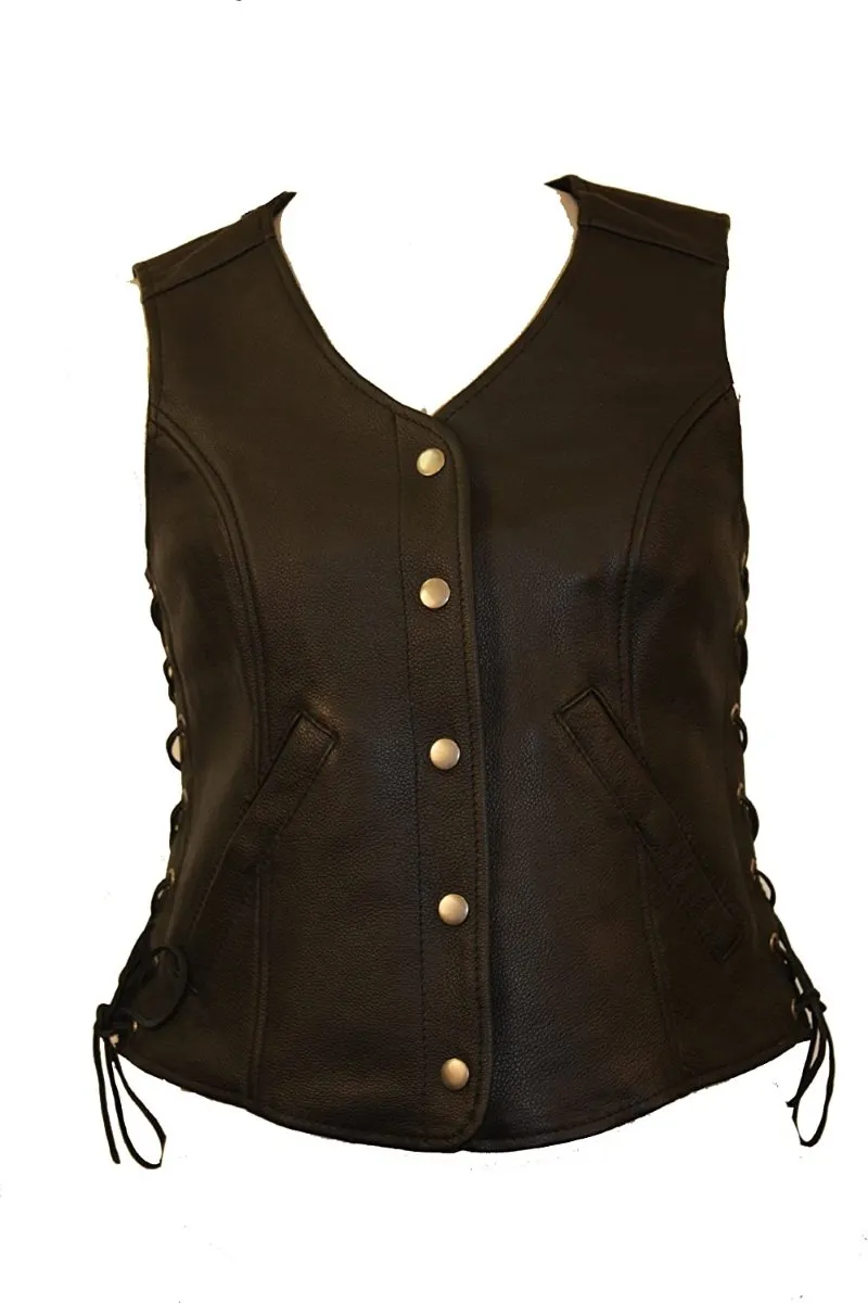 First Manufacturing FML566CCF Women’s Black Side Lace Conceal and Storage Pocket Leather Vest