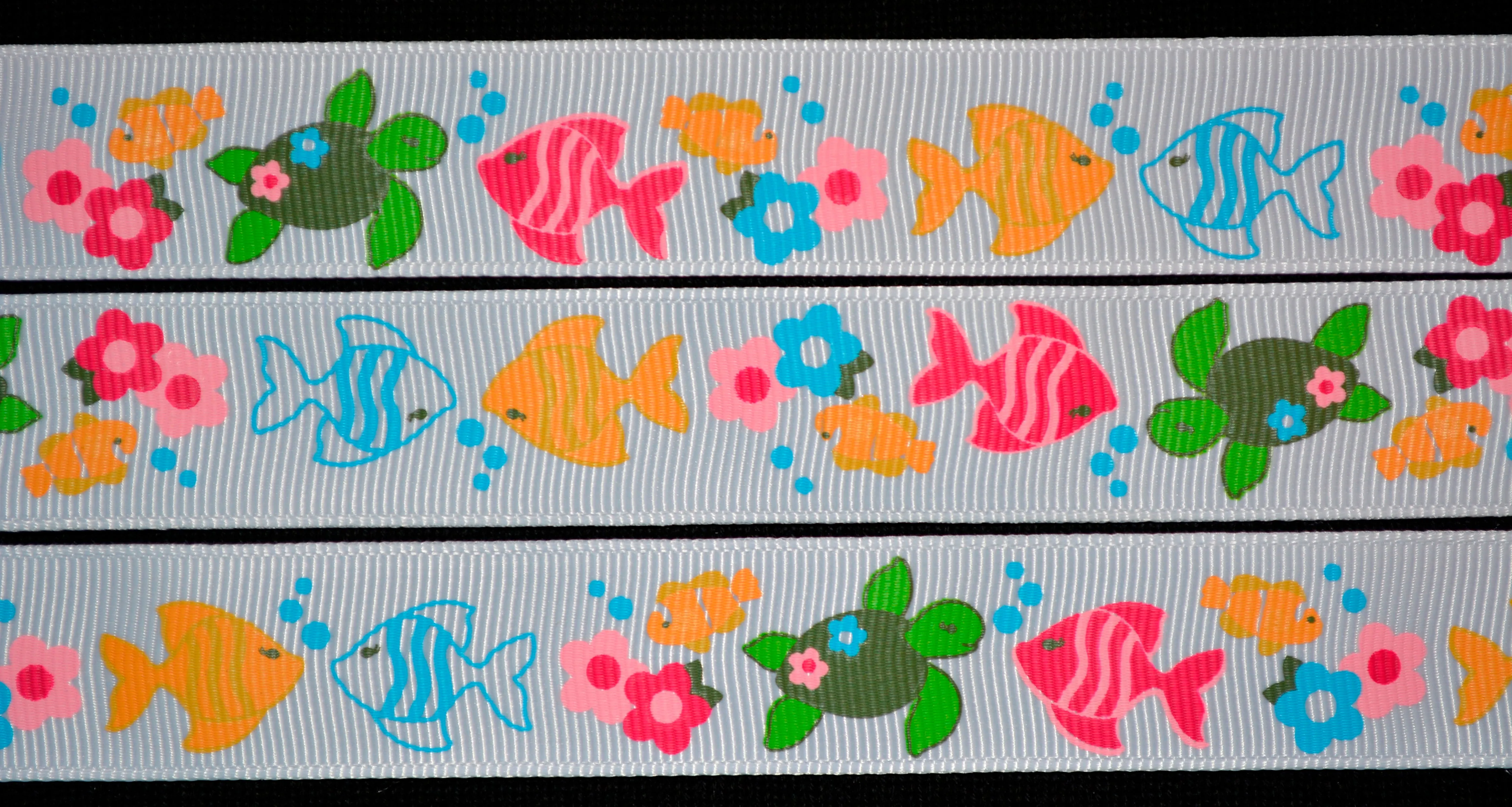 Fish and Turtle Ribbon - 7/8 inch Printed Grosgrain