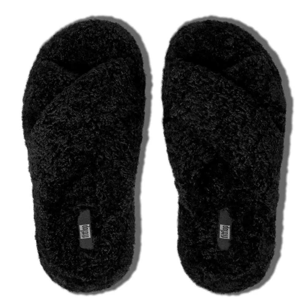 FitFlop Women's Iqushion D-Luxe Padded Teddy Cross Slides Wedge Sandal, All Black