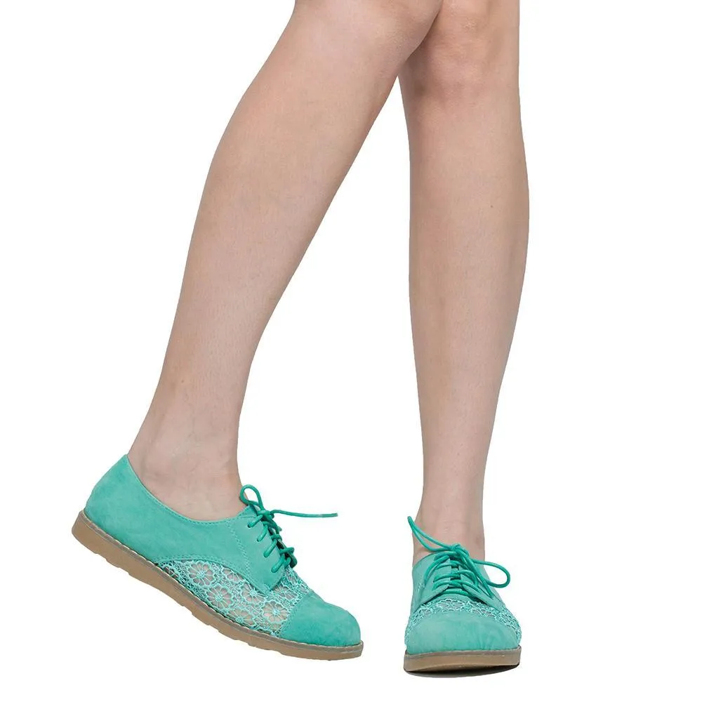 Flat shoes For Women Embroidered Flower Lace Up Oxford Flats Green