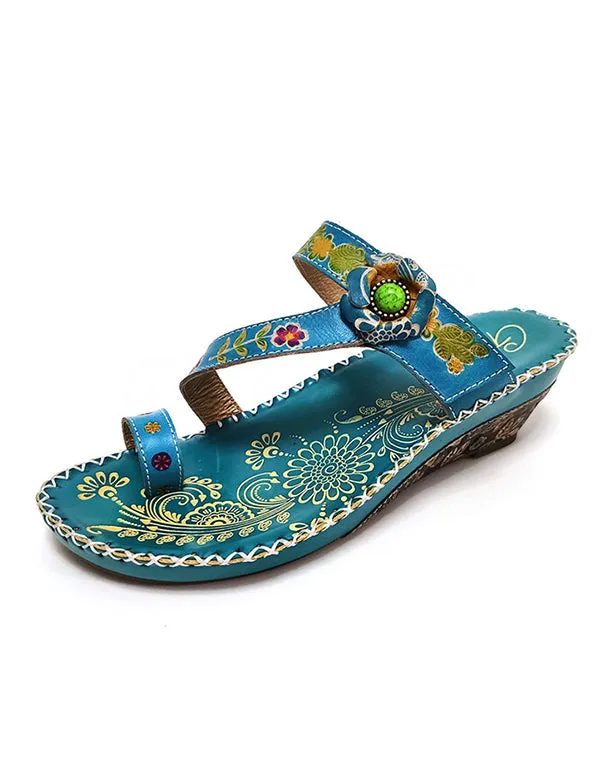 Flip-Flops Cowhide Ethnic Shoes Handmade Floral