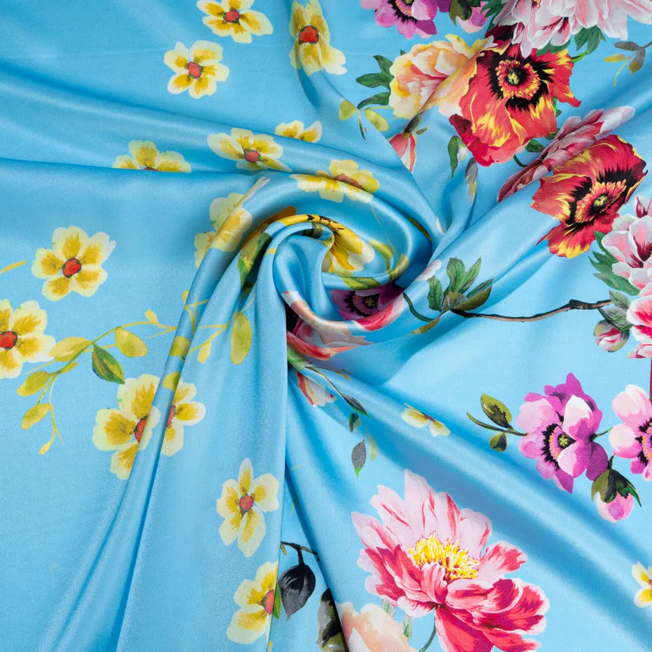 Floral & Striped Sky Blue Pure Silk Satin (A 1.95m Piece)