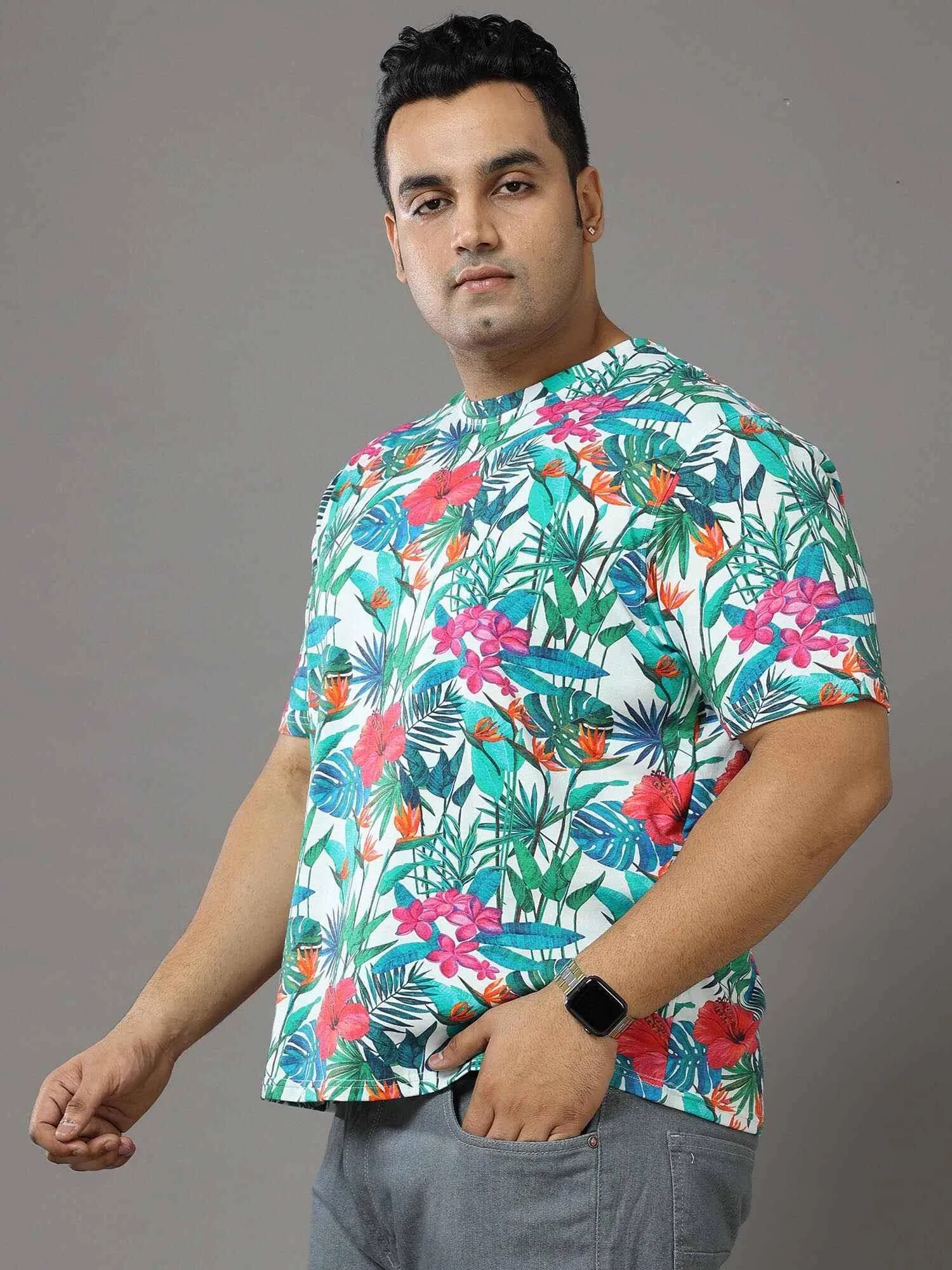 Floral Digital Printed Round Neck T-Shirt Men's Plus Size