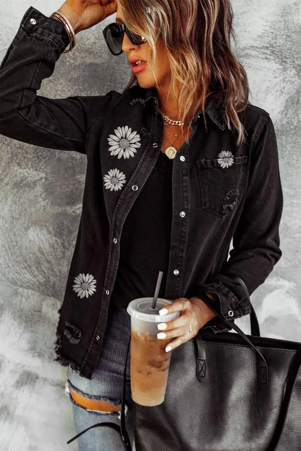 Floral Laser Etching Daisy Pattern Distressed Denim Jacket