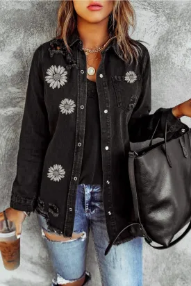 Floral Laser Etching Daisy Pattern Distressed Denim Jacket