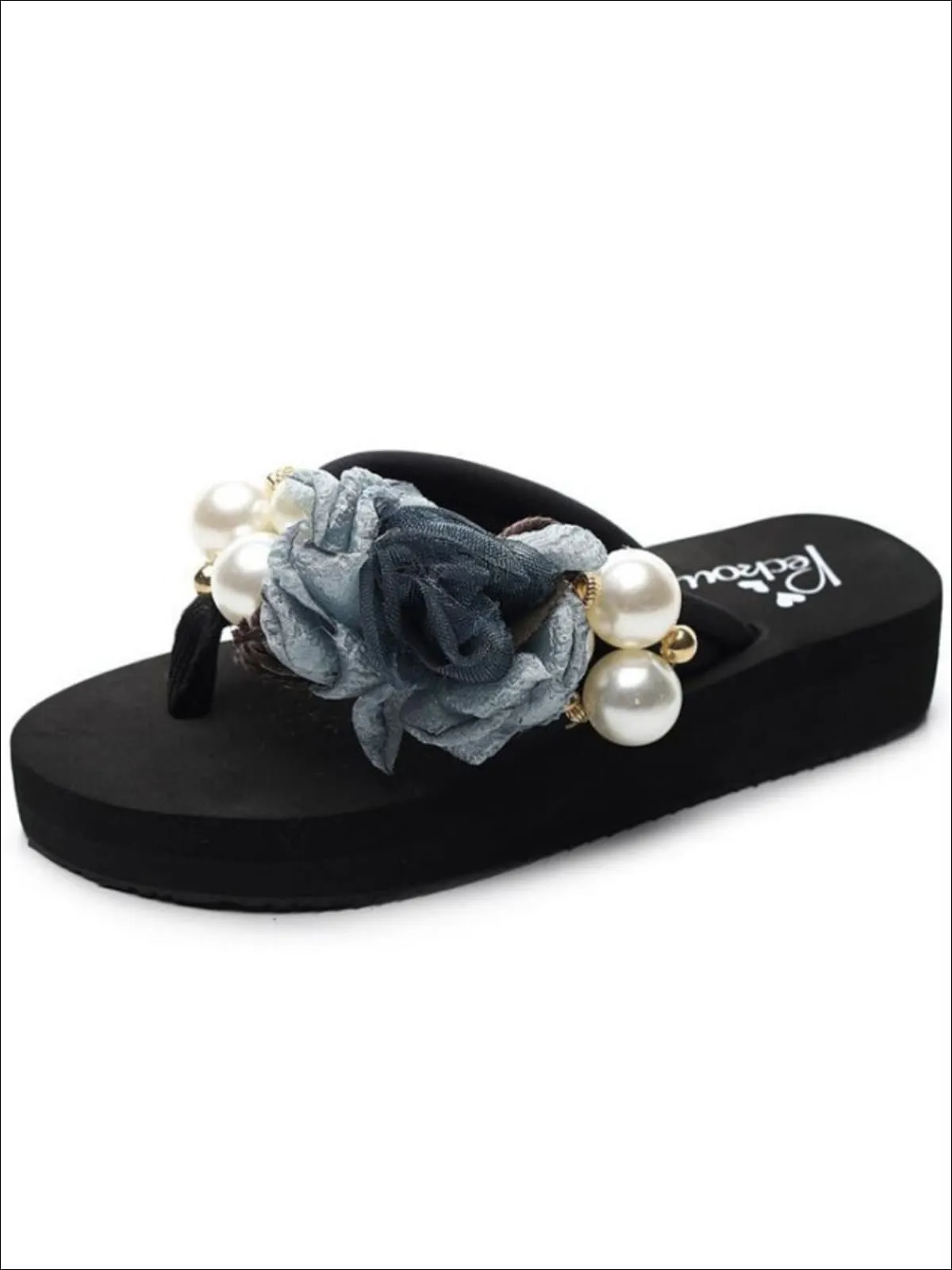 Floral Pearl Embellished Flip Flops By Liv and Mia