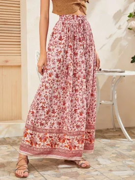 Floral Print Drawstring Waist Maxi Skirt