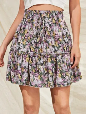 Floral Print Ruffle Trim Knot Front Skirt