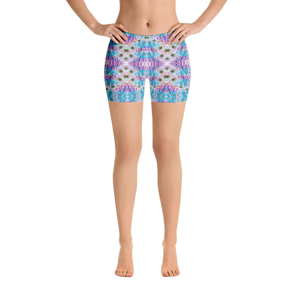 Floral Print Women's Shorts, Blue Purple Flower Print Gym Short Tights-Made in USA/EU/MX