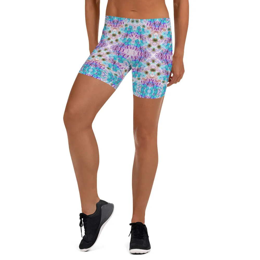 Floral Print Women's Shorts, Blue Purple Flower Print Gym Short Tights-Made in USA/EU/MX